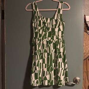 Sincerely Jules Rayon Cotton Flax Green & White Geometric Stretch Cocktail Dress